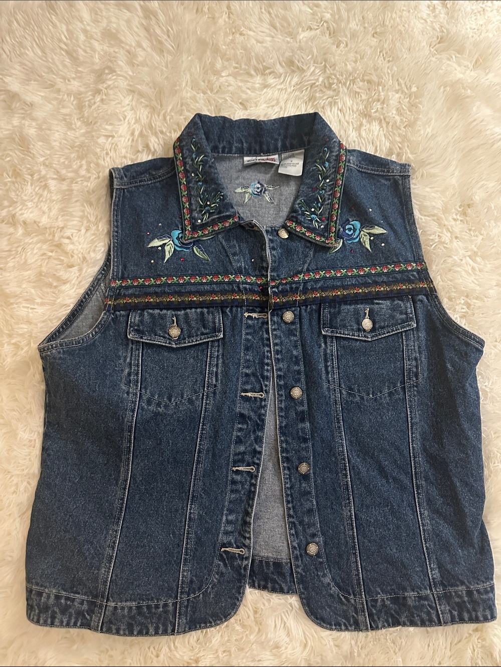 bill blass Blue Embroidered Denim Vest